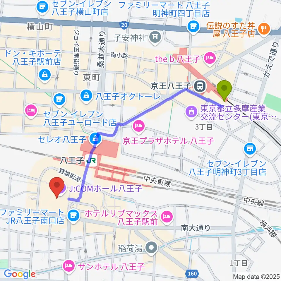 京王八王子駅からJ:COMホール八王子へのルートマップ地図