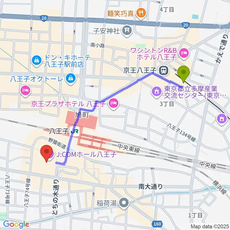 京王八王子駅からJ:COMホール八王子へのルートマップ地図