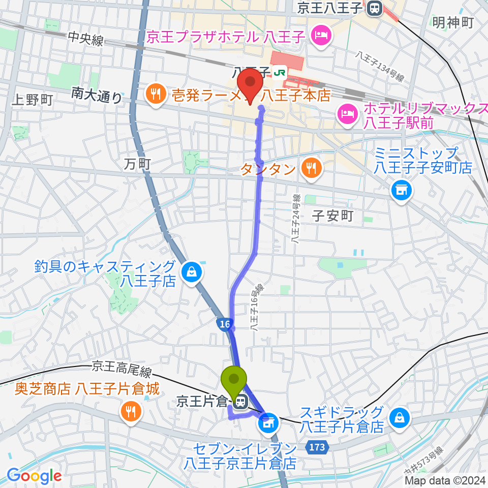 京王片倉駅からJ:COMホール八王子へのルートマップ地図