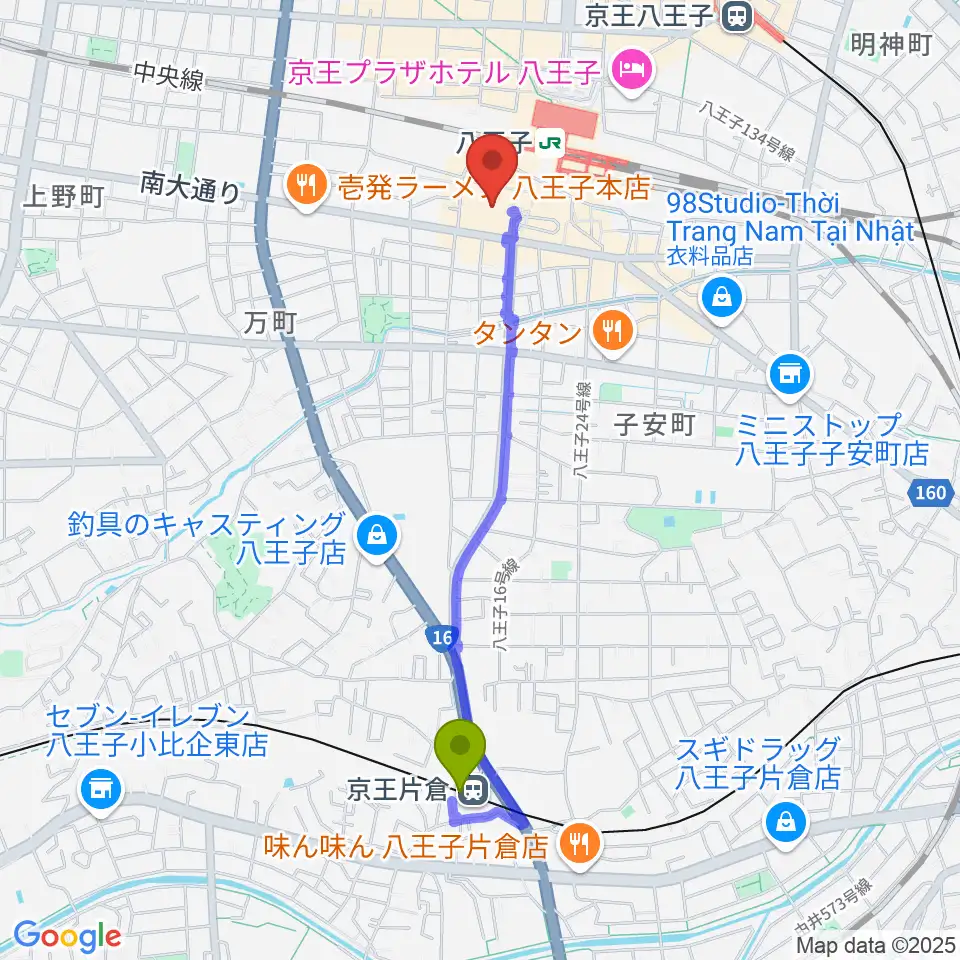 京王片倉駅からJ:COMホール八王子へのルートマップ地図