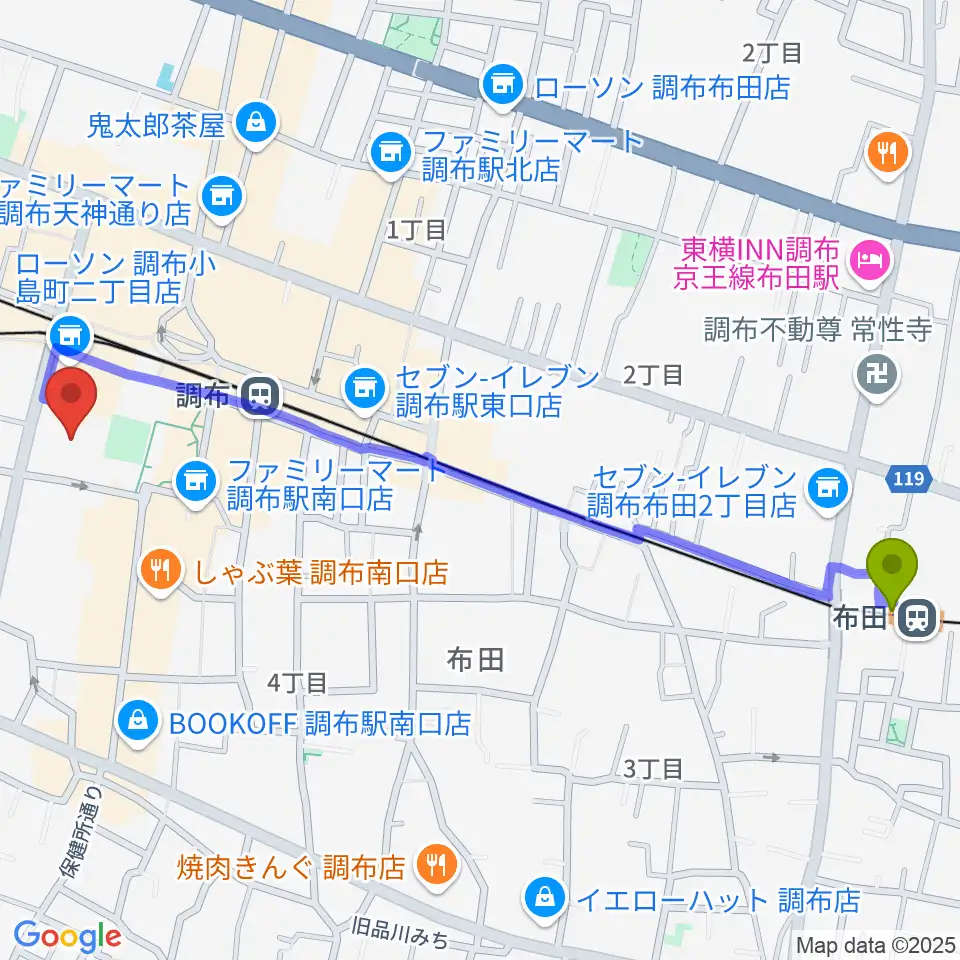 布田駅から調布市グリーンホールへのルートマップ地図