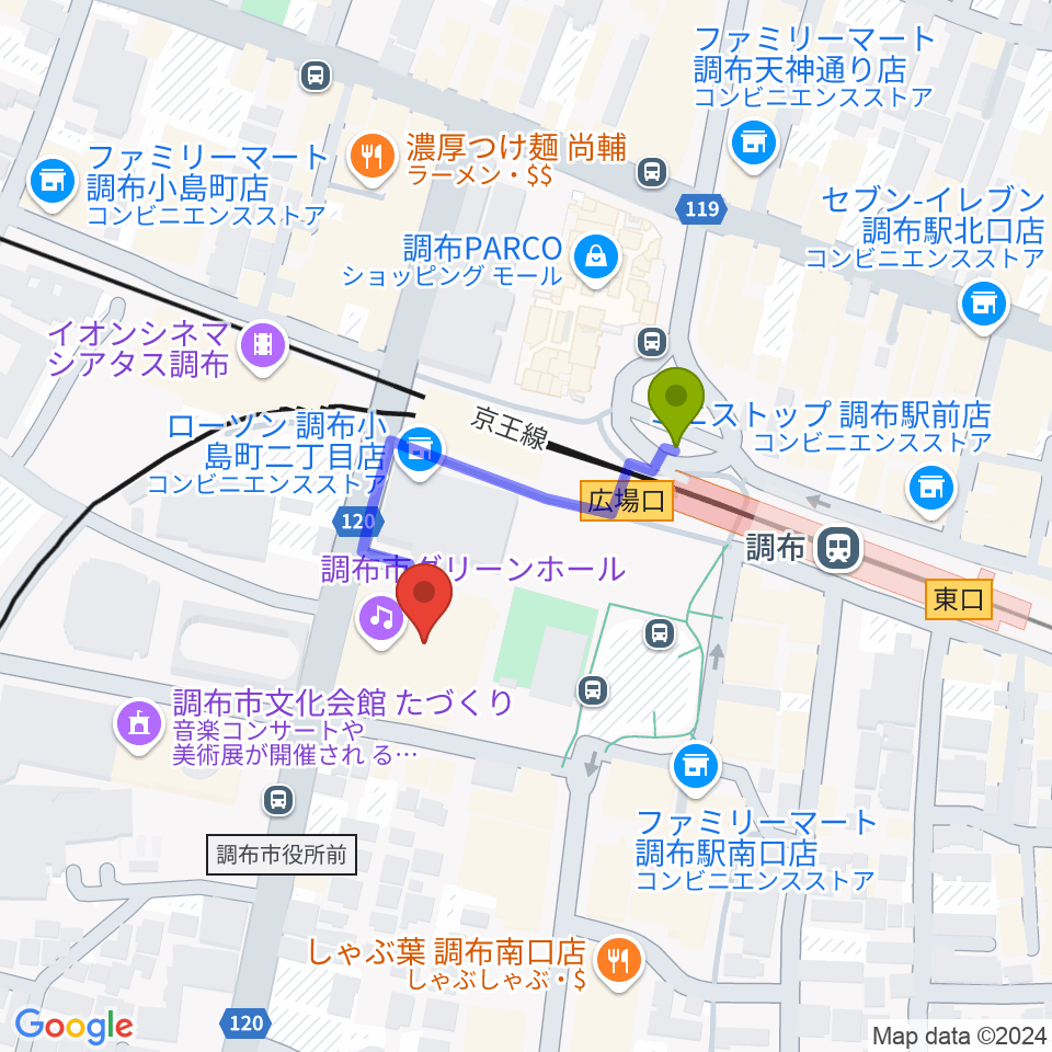 調布市グリーンホールの最寄駅調布駅からの徒歩ルート（約2分）地図