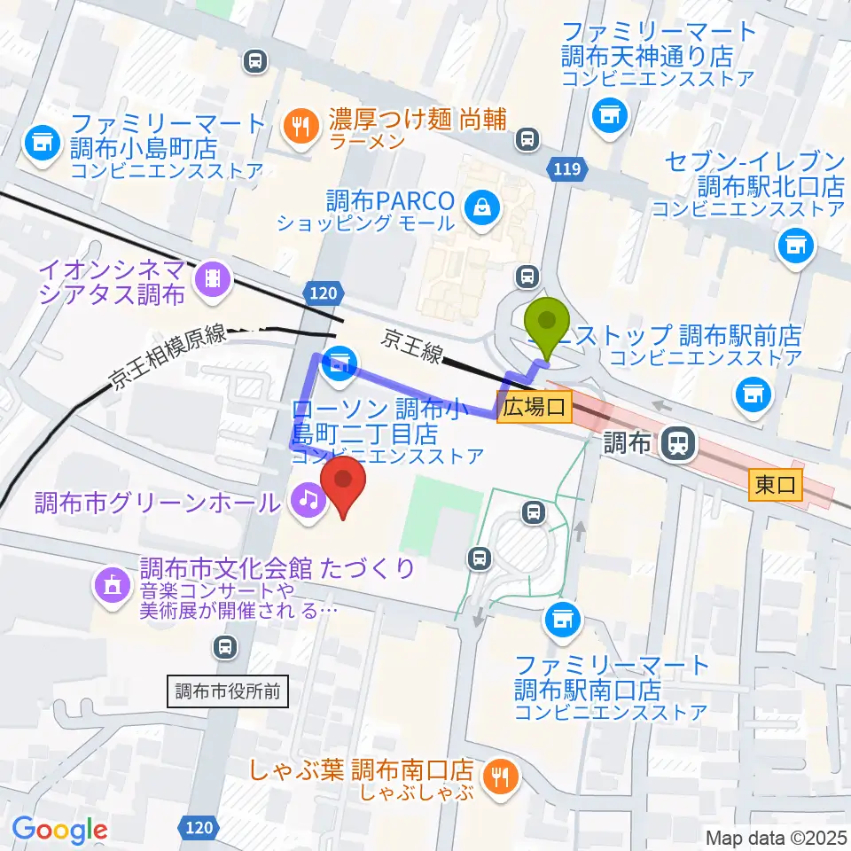 調布市グリーンホールの最寄駅調布駅からの徒歩ルート（約2分）地図