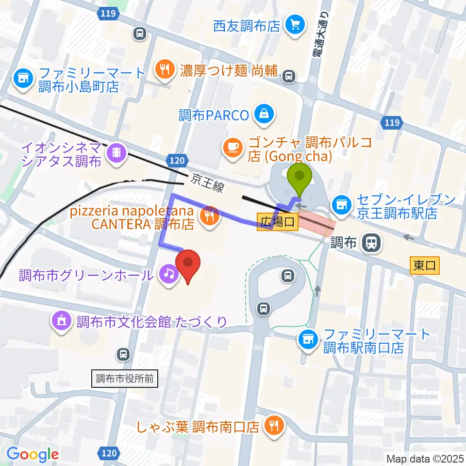 調布市グリーンホールの最寄駅調布駅からの徒歩ルート（約2分）地図