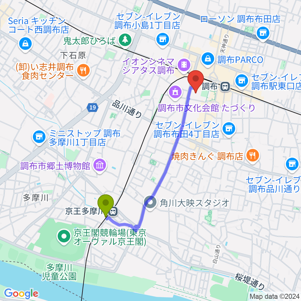 京王多摩川駅から調布市グリーンホールへのルートマップ地図