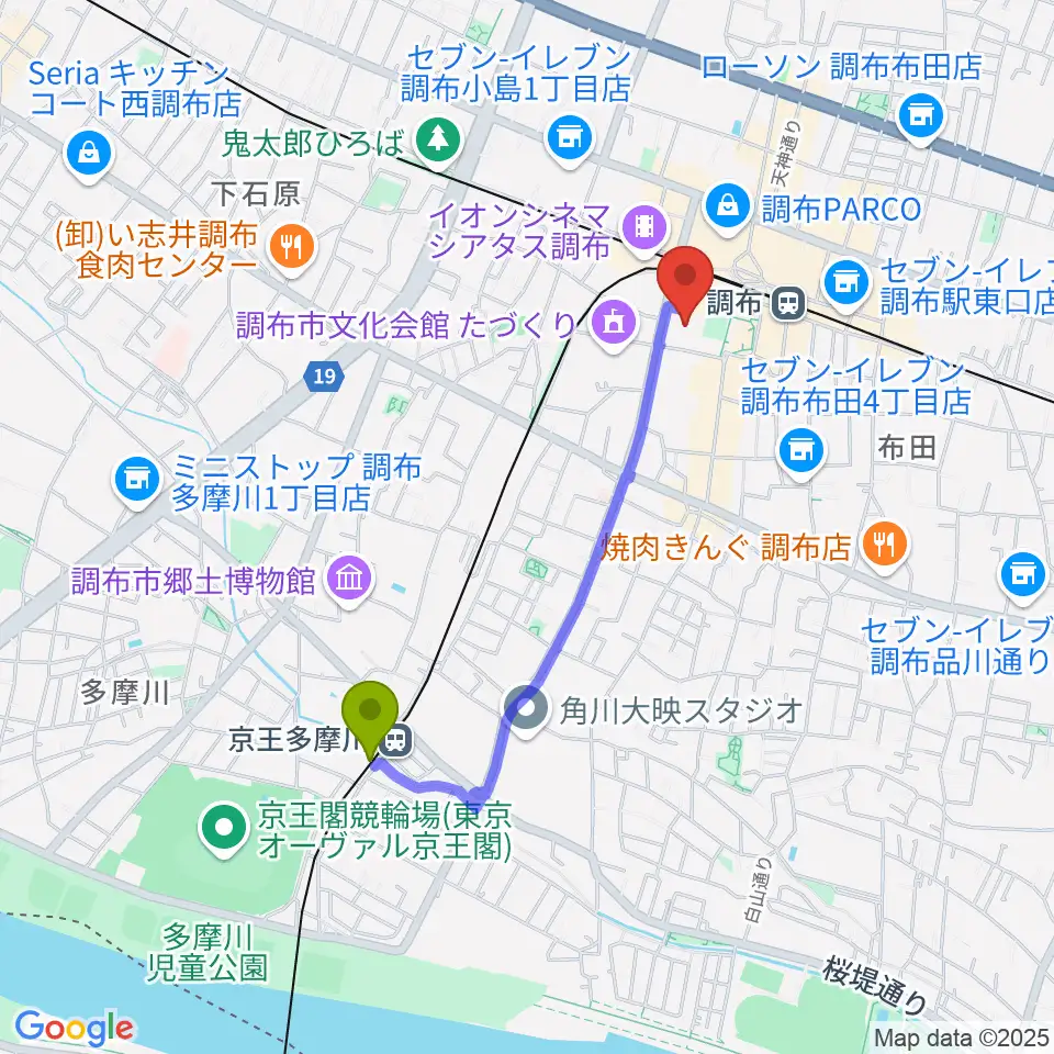 京王多摩川駅から調布市グリーンホールへのルートマップ地図