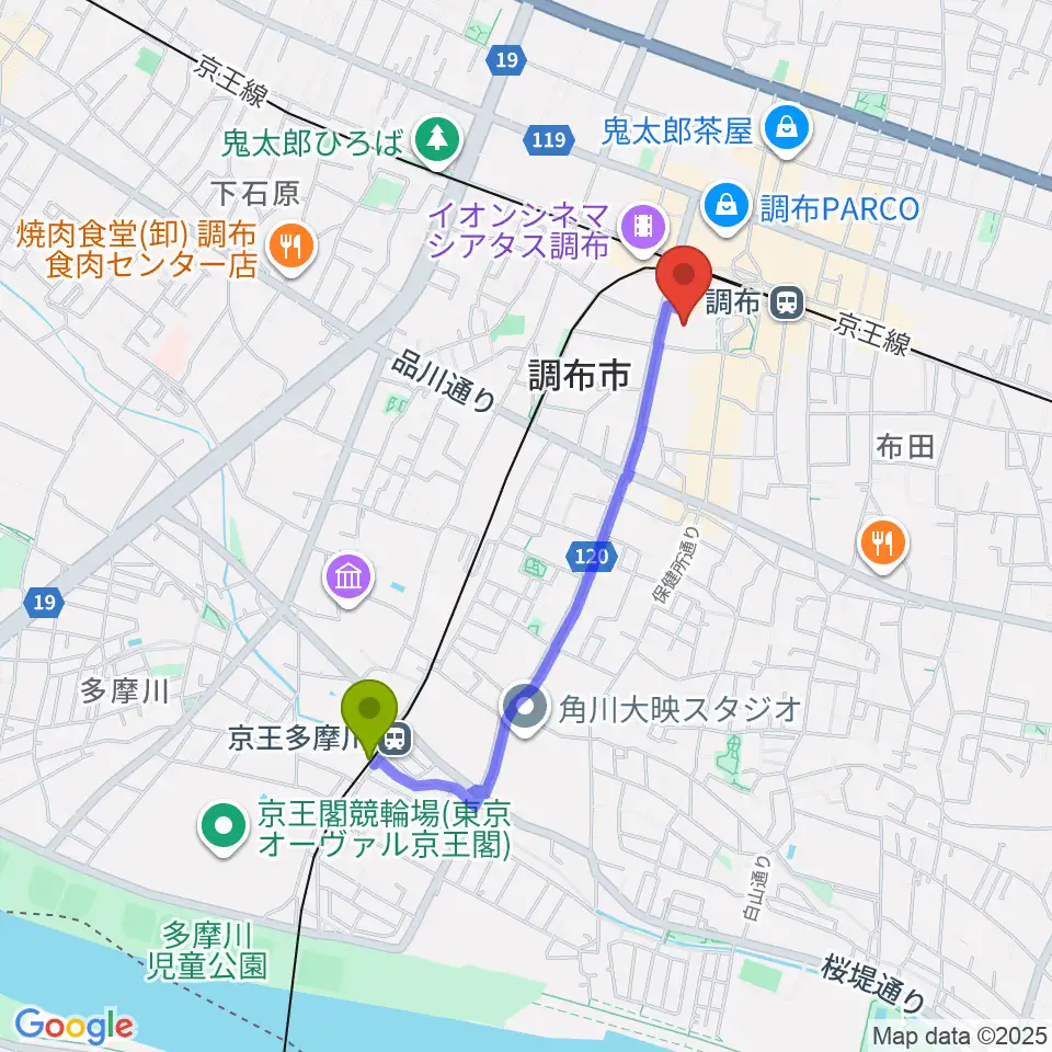 京王多摩川駅から調布市グリーンホールへのルートマップ地図