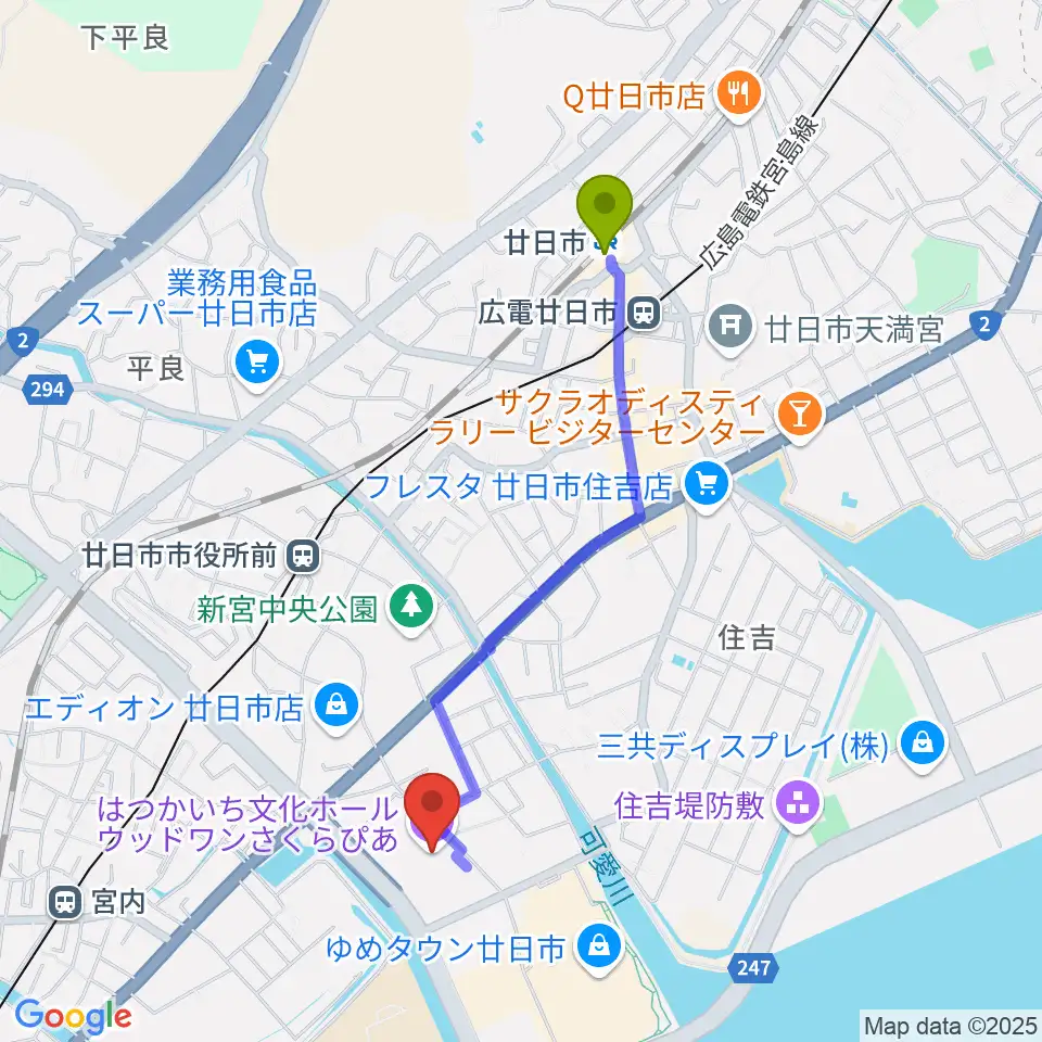 廿日市駅からウッドワンさくらぴあへのルートマップ地図