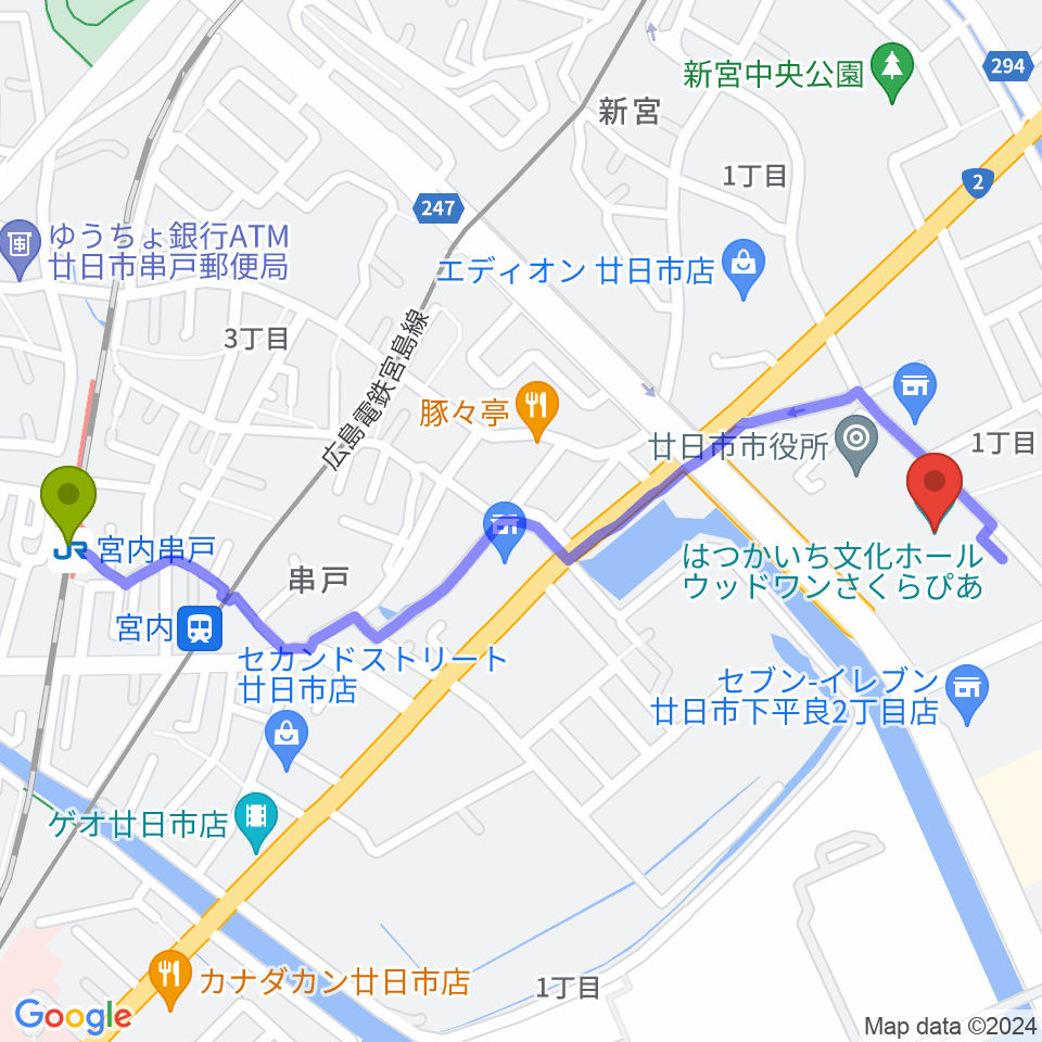 宮内串戸駅からウッドワンさくらぴあへのルートマップ地図