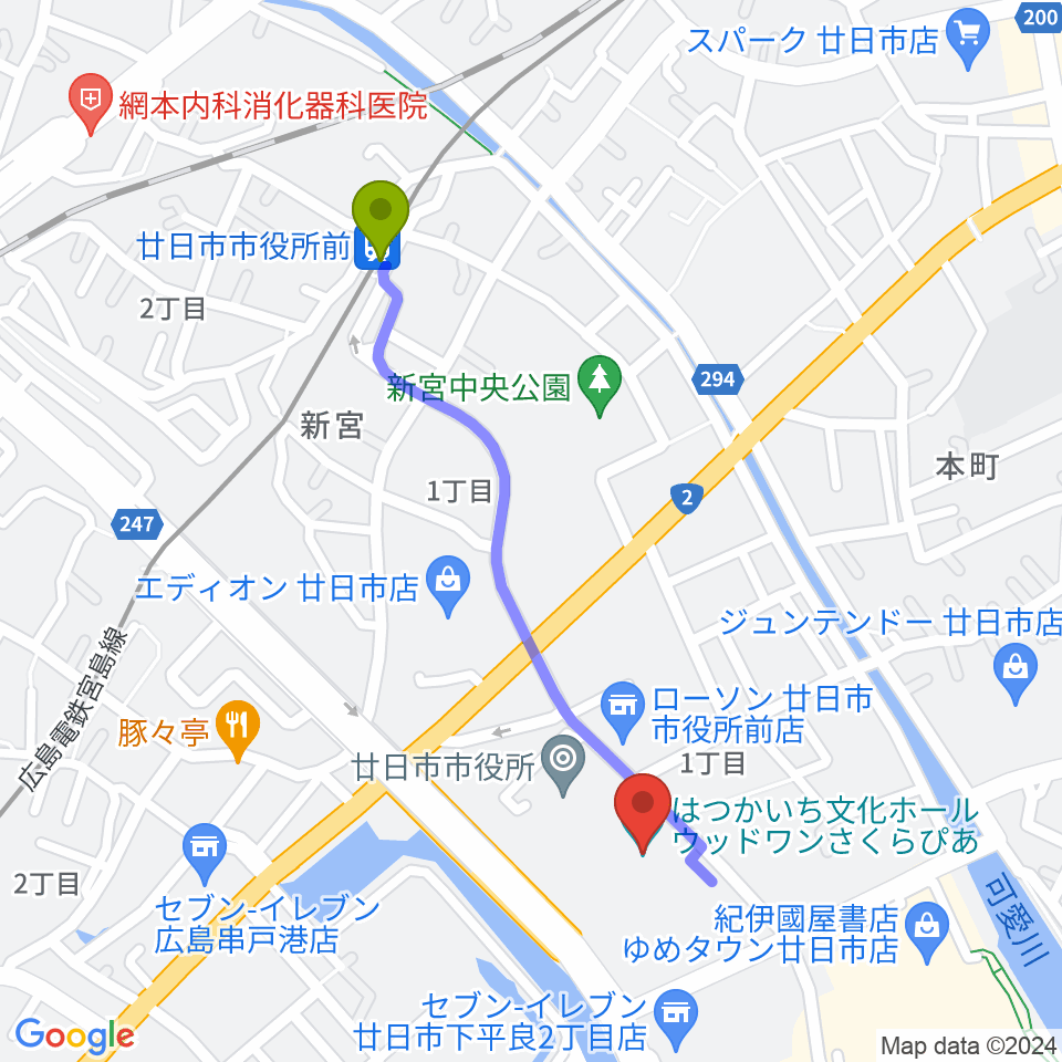 ウッドワンさくらぴあの最寄駅廿日市市役所前（平良）駅からの徒歩ルート（約10分）地図