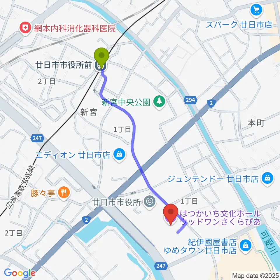ウッドワンさくらぴあの最寄駅廿日市市役所前（平良）駅からの徒歩ルート（約10分）地図