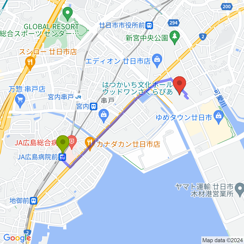ＪＡ広島病院前駅からウッドワンさくらぴあへのルートマップ地図