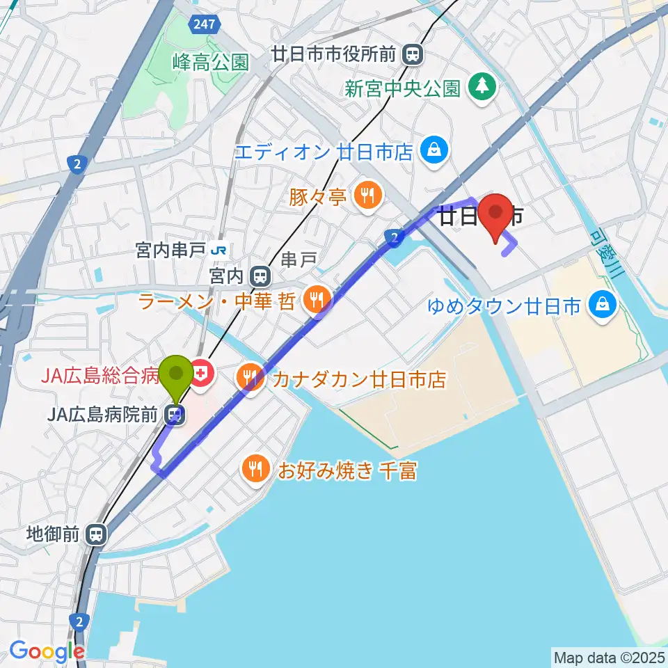 ＪＡ広島病院前駅からウッドワンさくらぴあへのルートマップ地図