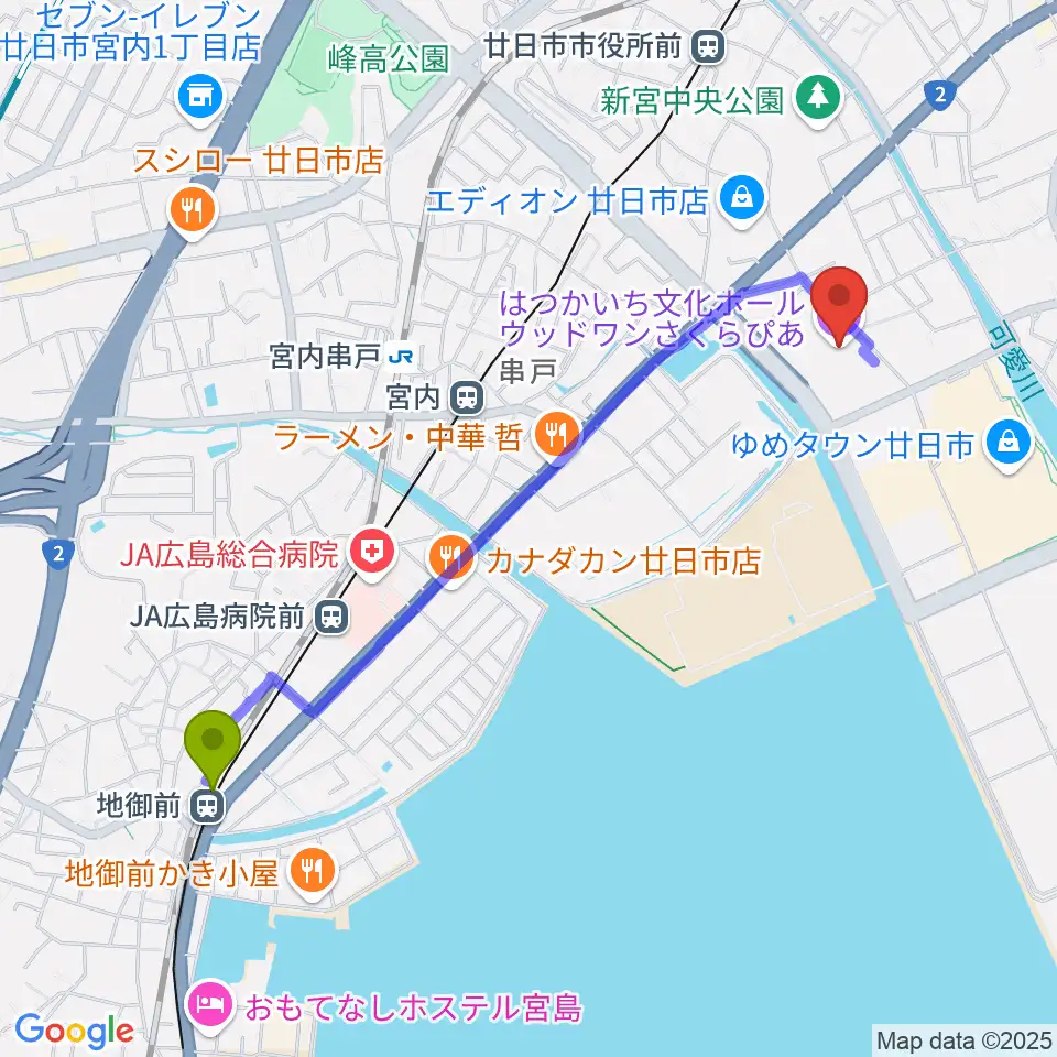 地御前駅からウッドワンさくらぴあへのルートマップ地図