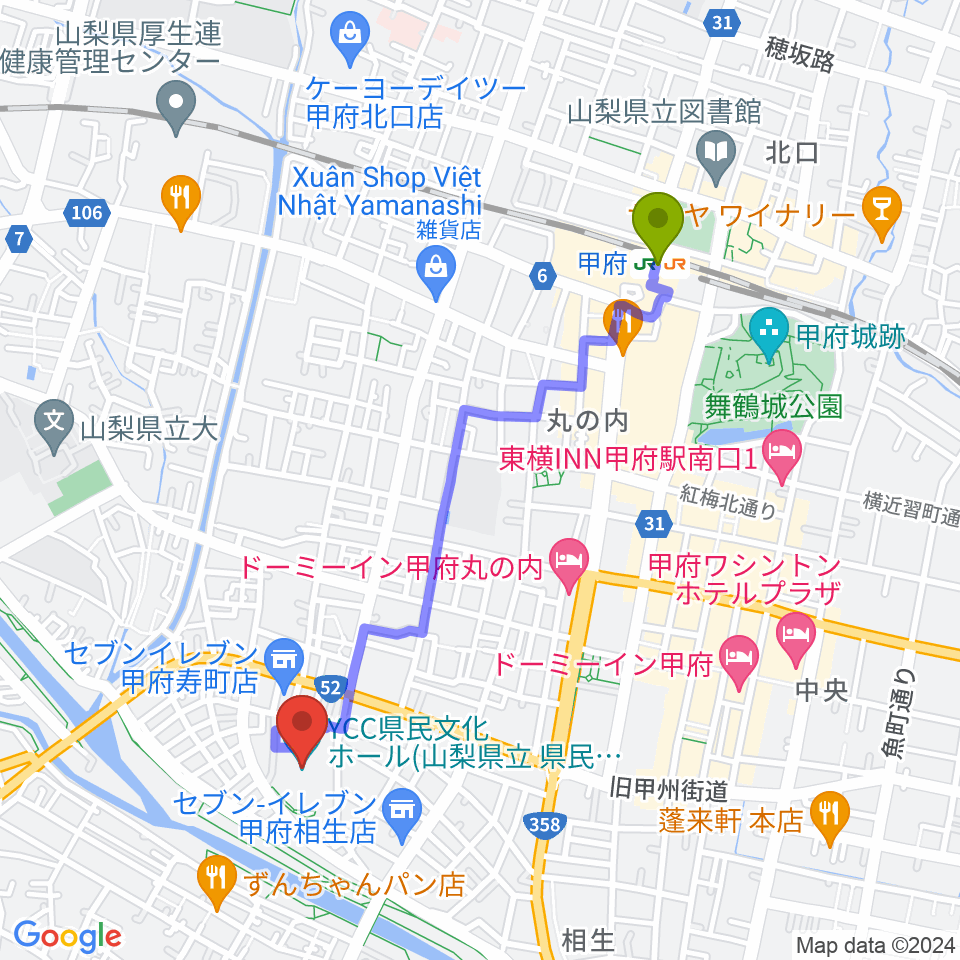 YCC県民文化ホールの最寄駅甲府駅からの徒歩ルート（約20分）地図