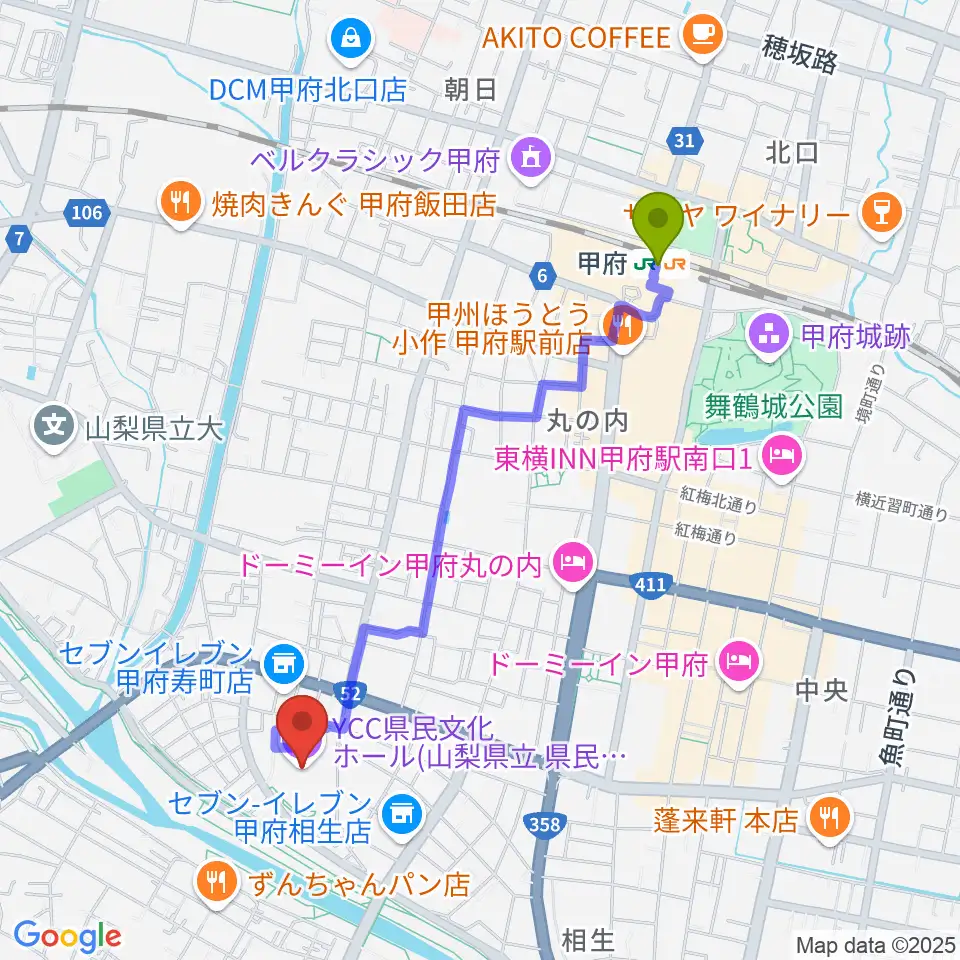 YCC県民文化ホールの最寄駅甲府駅からの徒歩ルート（約20分）地図