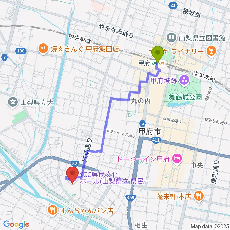 YCC県民文化ホールの最寄駅甲府駅からの徒歩ルート（約20分）地図