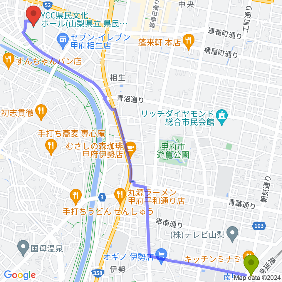 南甲府駅からYCC県民文化ホールへのルートマップ地図