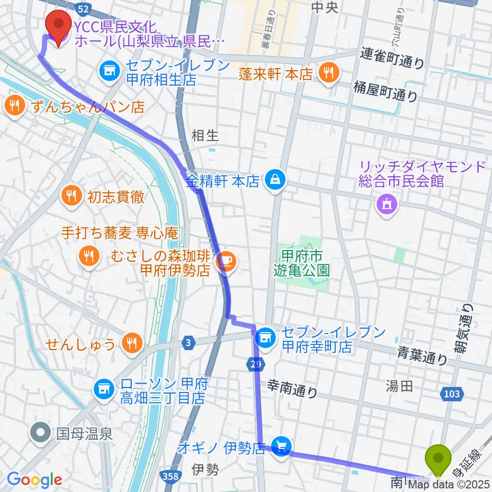 南甲府駅からYCC県民文化ホールへのルートマップ地図