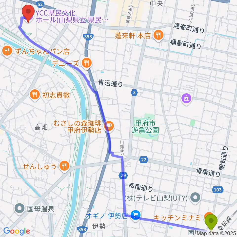 南甲府駅からYCC県民文化ホールへのルートマップ地図