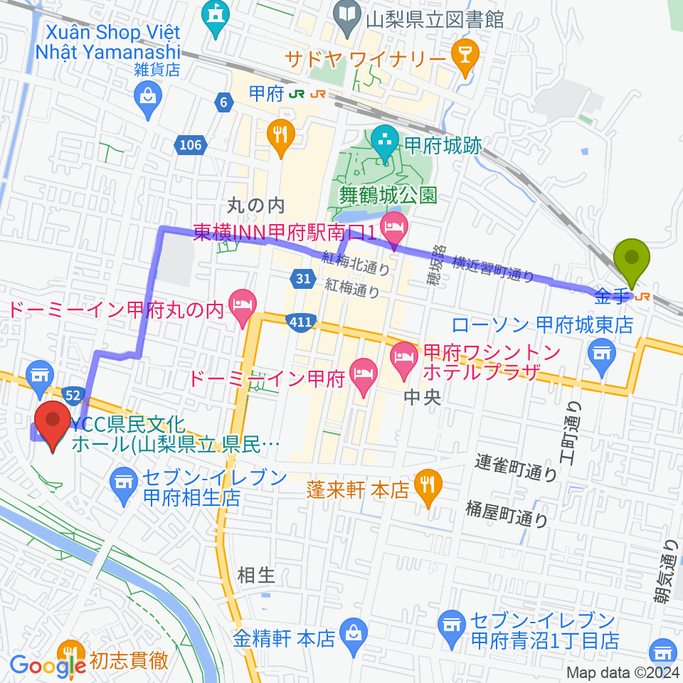 金手駅からYCC県民文化ホールへのルートマップ地図