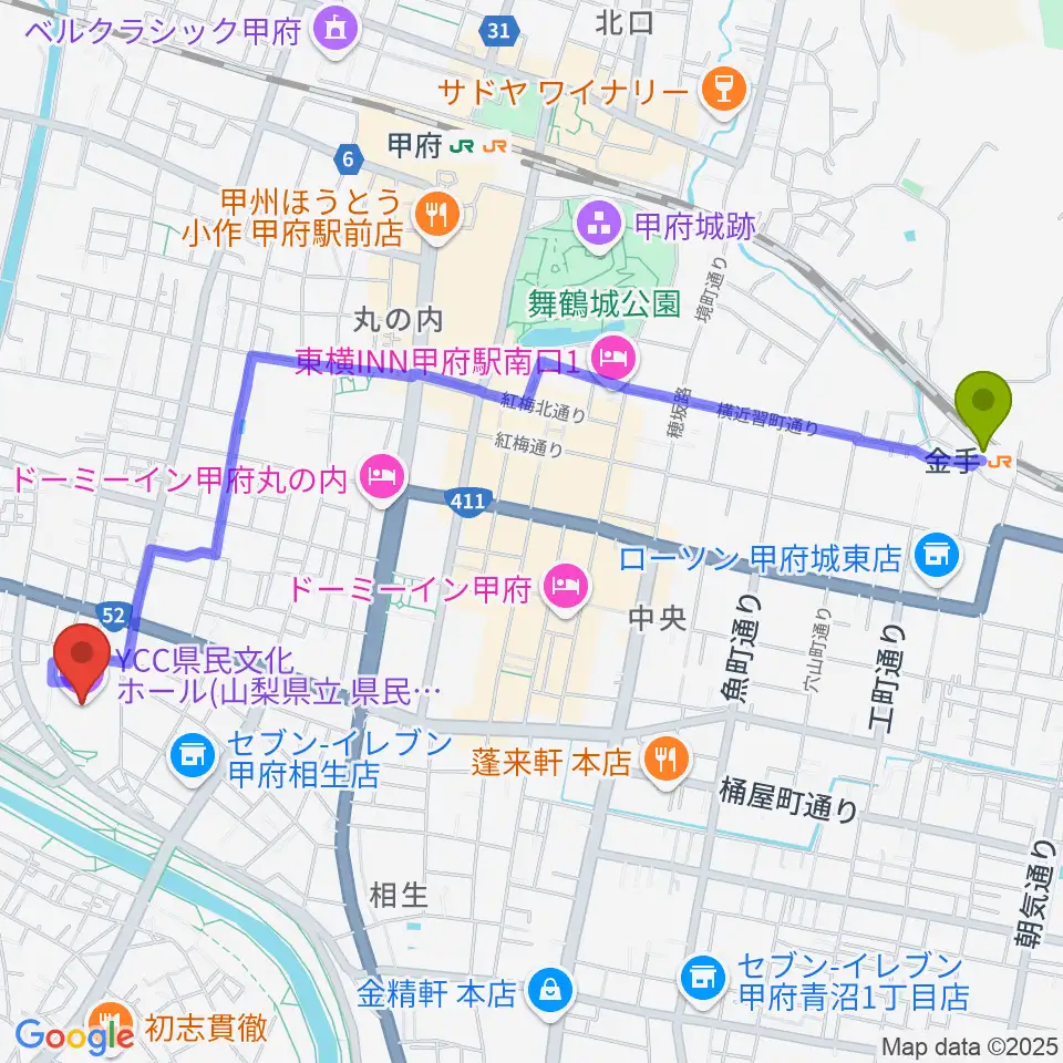 金手駅からYCC県民文化ホールへのルートマップ地図