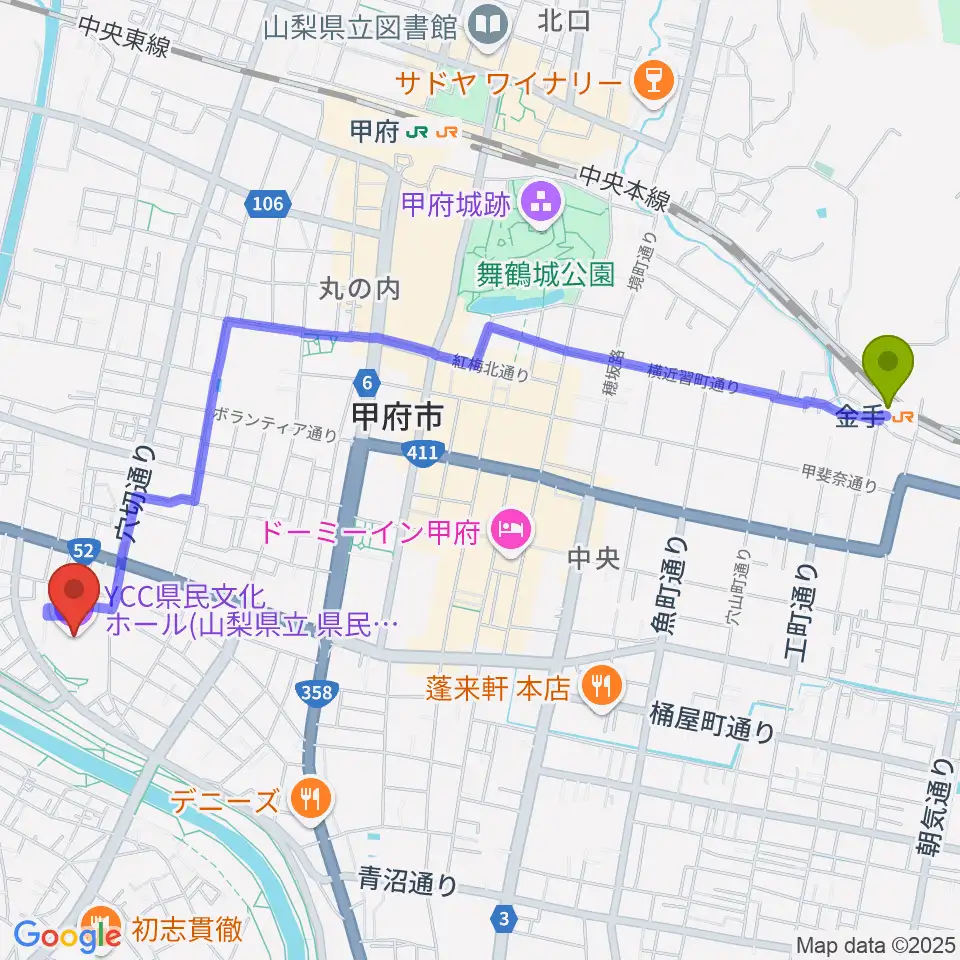 金手駅からYCC県民文化ホールへのルートマップ地図