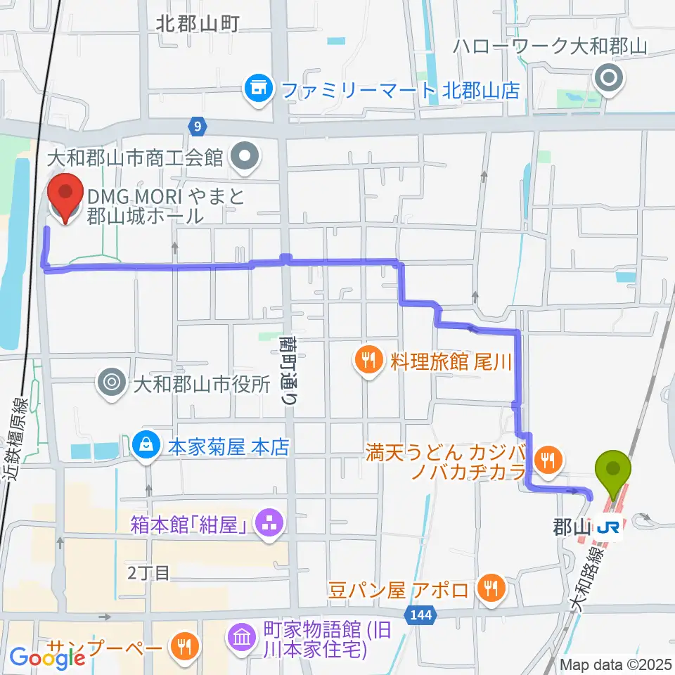 郡山駅からDMG MORI やまと郡山城ホールへのルートマップ地図