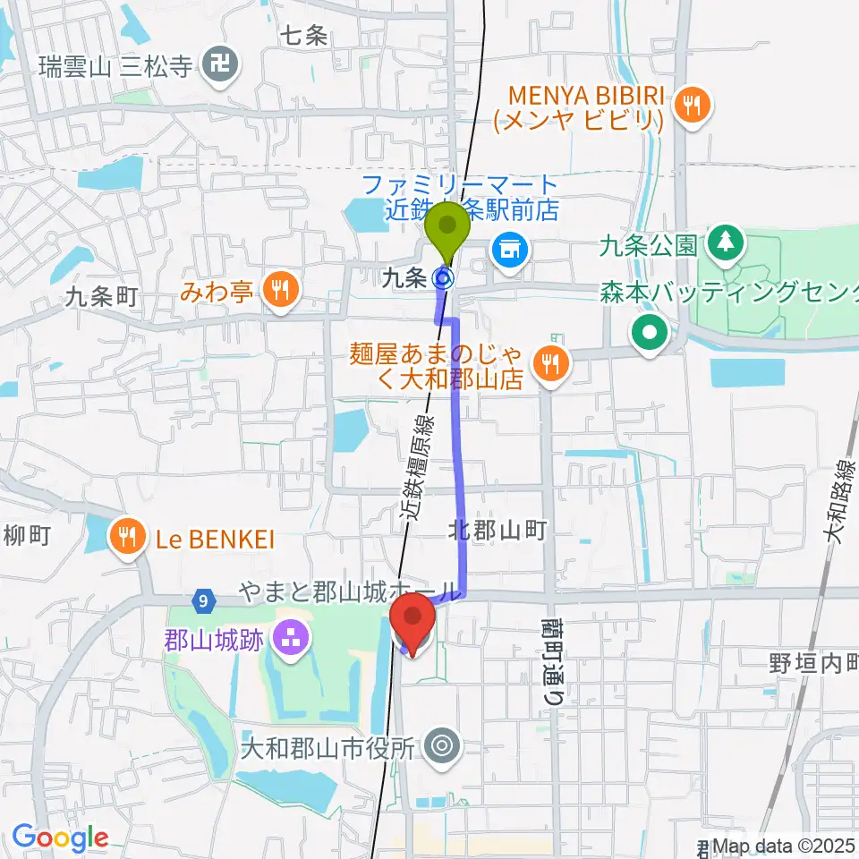 九条駅からDMG MORI やまと郡山城ホールへのルートマップ地図