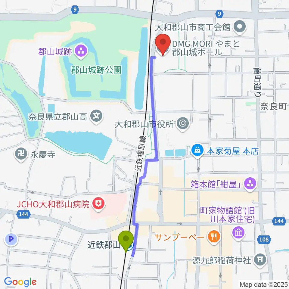 DMG MORI やまと郡山城ホールの最寄駅近鉄郡山駅からの徒歩ルート（約11分）地図