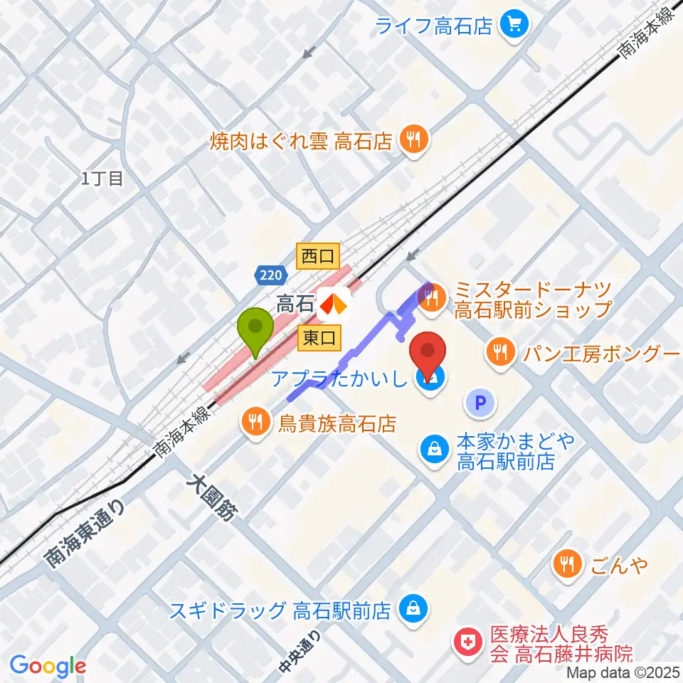 アプラたかいし アプラホールの最寄駅高石駅からの徒歩ルート（約2分）地図