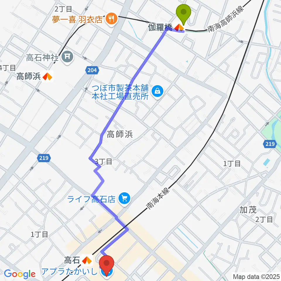 伽羅橋駅からアプラたかいし アプラホールへのルートマップ地図