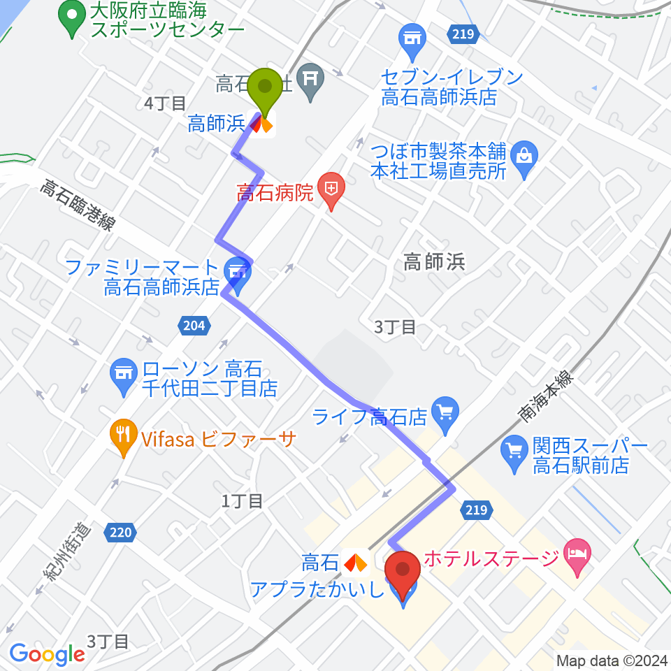 高師浜駅からアプラたかいし アプラホールへのルートマップ地図