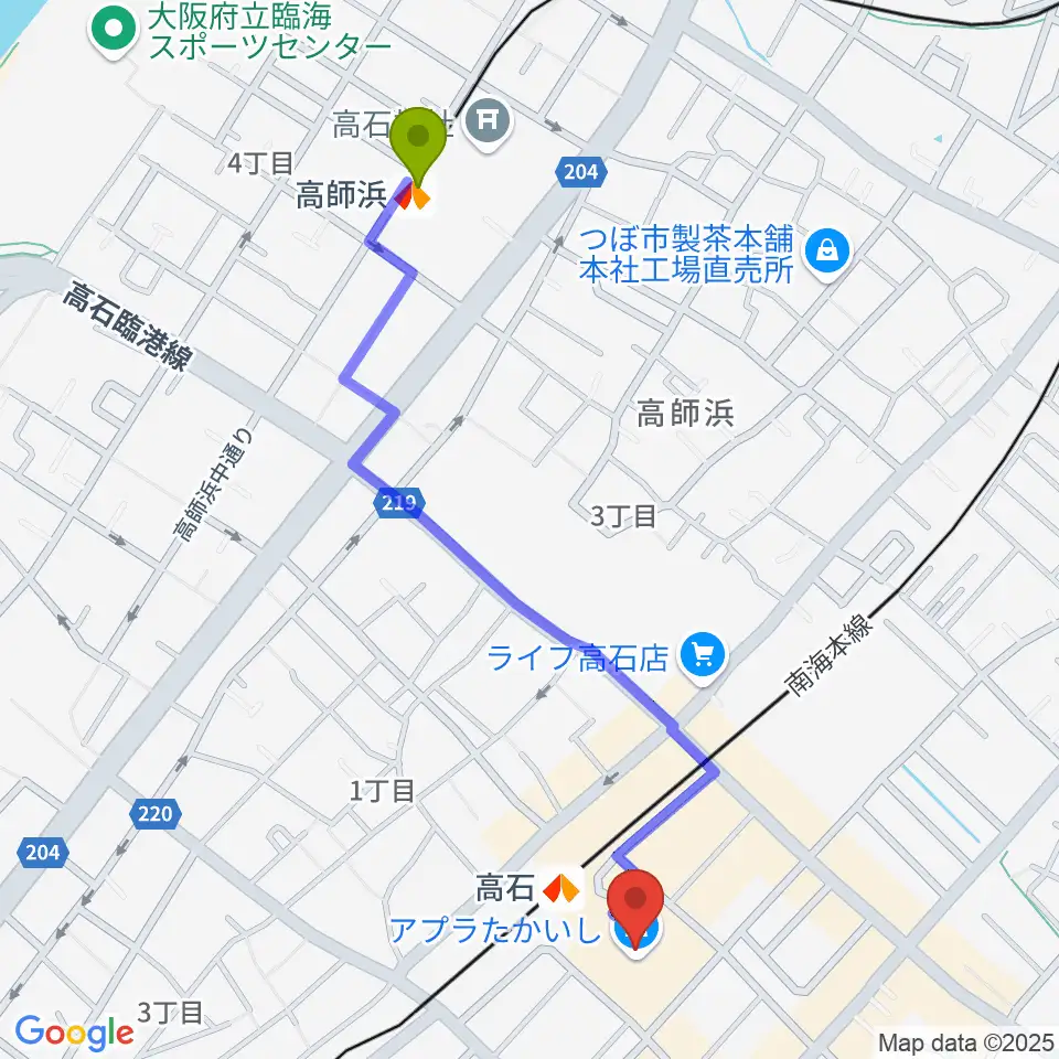 高師浜駅からアプラたかいし アプラホールへのルートマップ地図