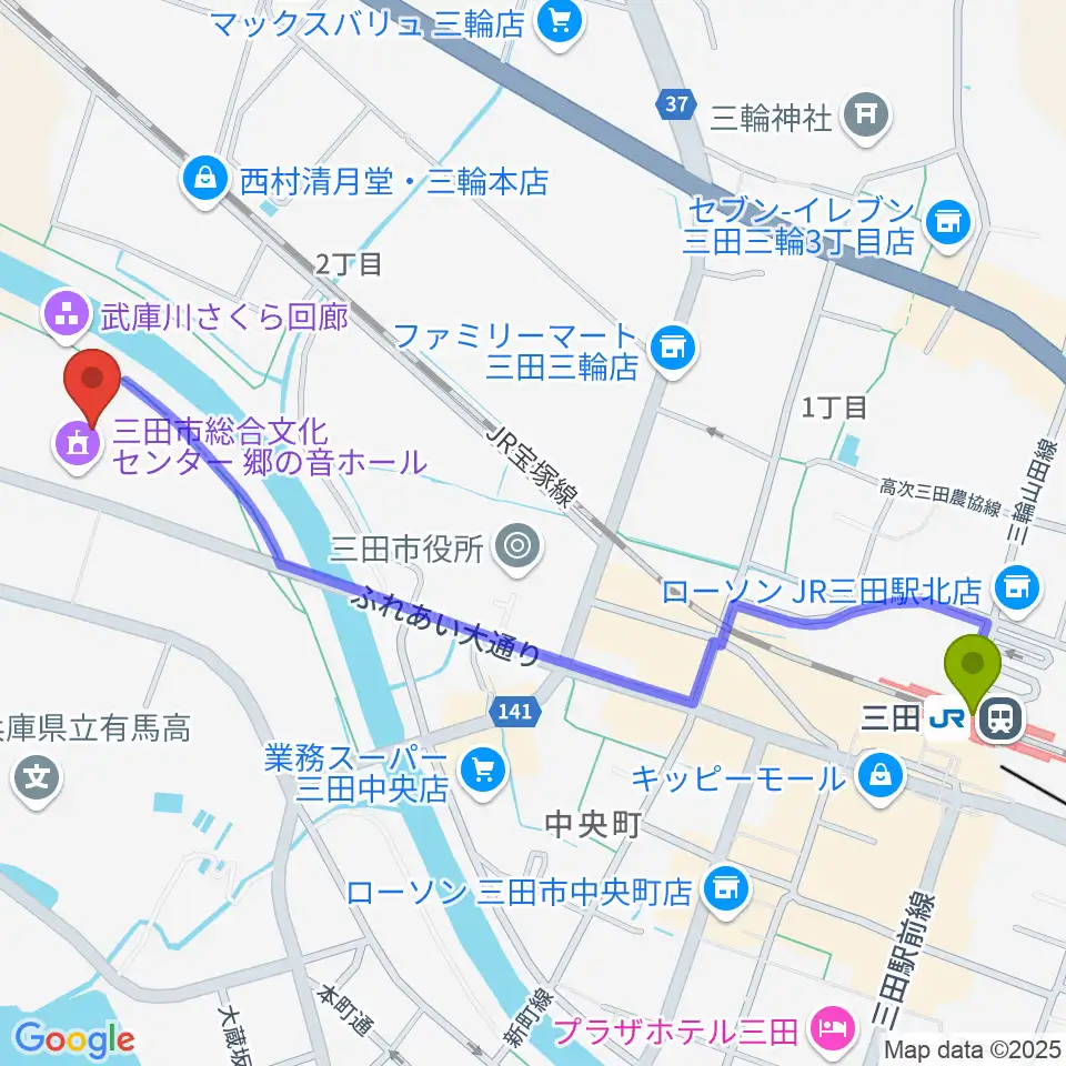 郷の音ホールの最寄駅三田駅からの徒歩ルート（約14分）地図