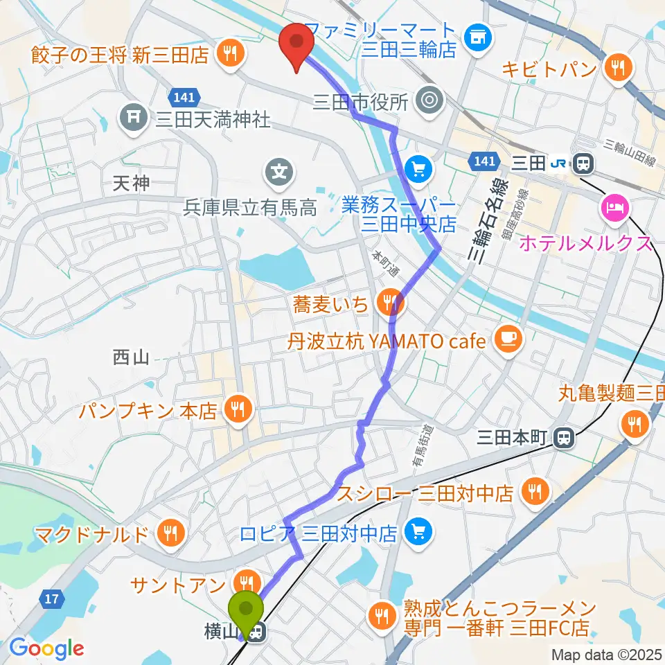 横山駅から郷の音ホールへのルートマップ地図