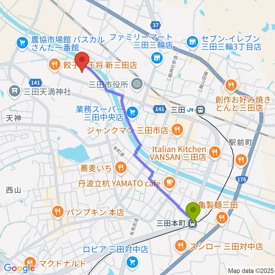 三田本町駅から郷の音ホールへのルートマップ地図