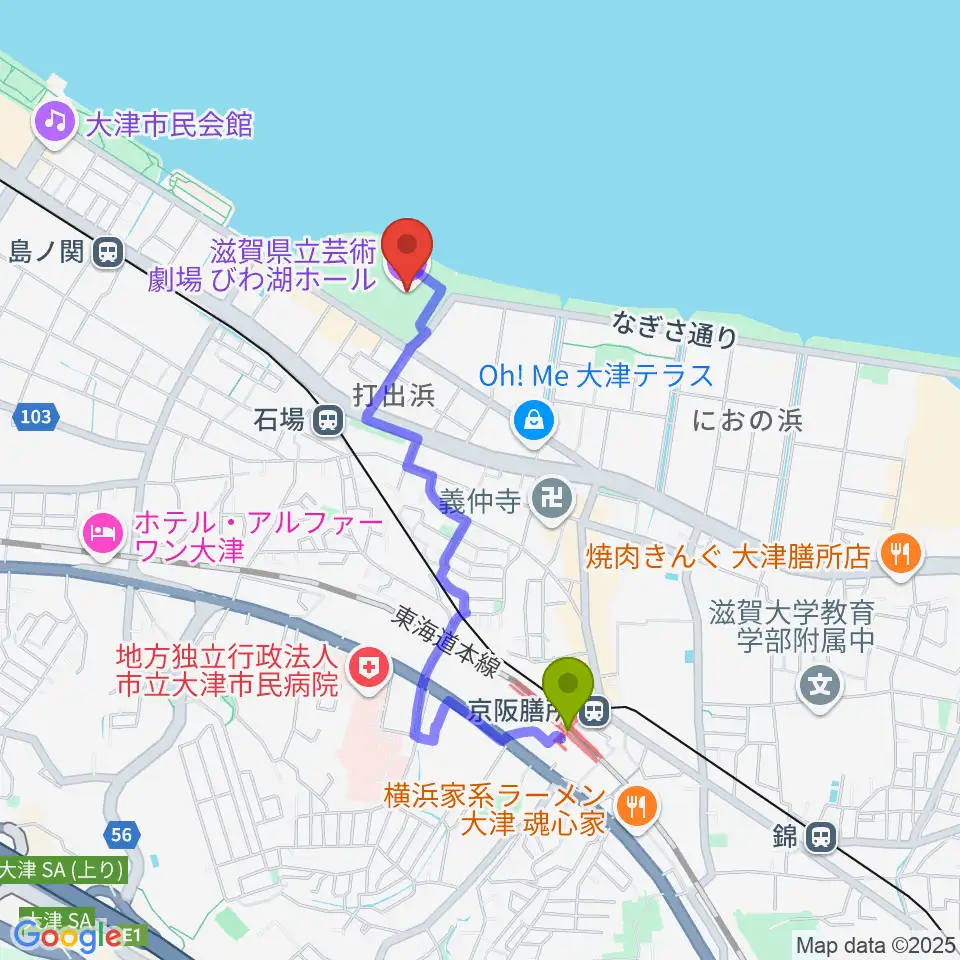 膳所駅から滋賀県立芸術劇場びわ湖ホールへのルートマップ地図