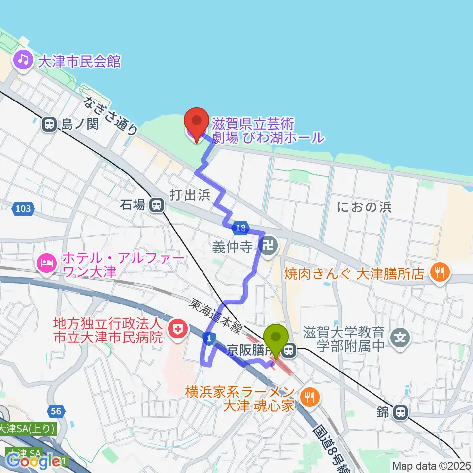 膳所駅から滋賀県立芸術劇場びわ湖ホールへのルートマップ地図