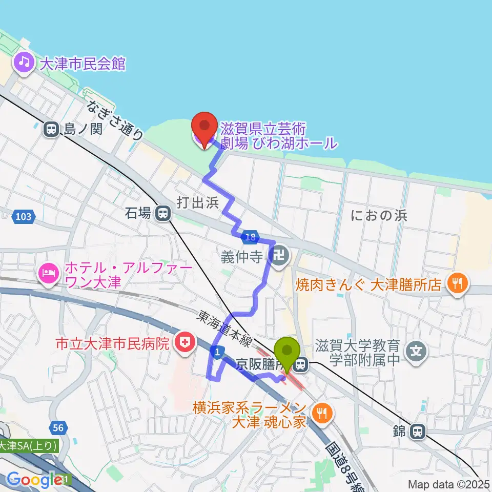 膳所駅から滋賀県立芸術劇場びわ湖ホールへのルートマップ地図