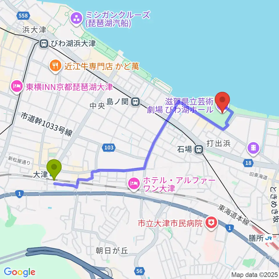 大津駅から滋賀県立芸術劇場びわ湖ホールへのルートマップ地図