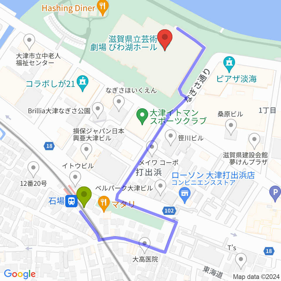 滋賀県立芸術劇場びわ湖ホールの最寄駅石場駅からの徒歩ルート（約5分）地図