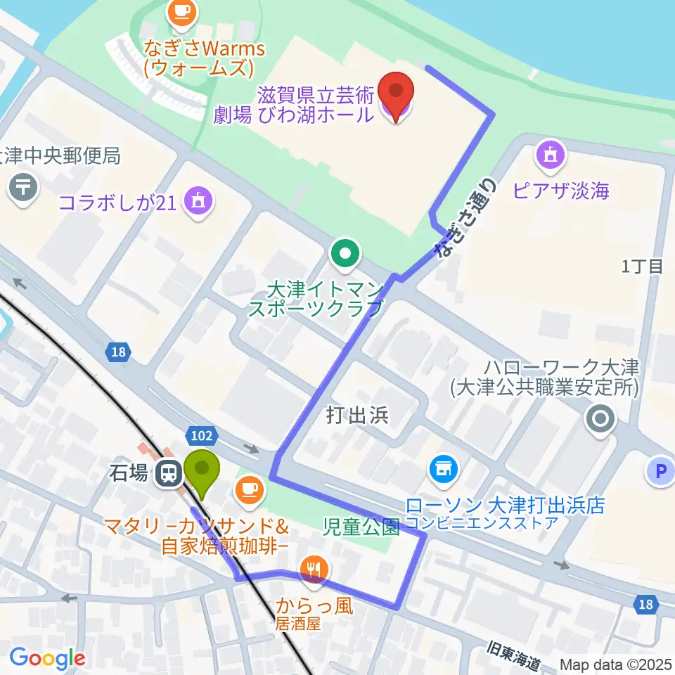 滋賀県立芸術劇場びわ湖ホールの最寄駅石場駅からの徒歩ルート（約5分）地図