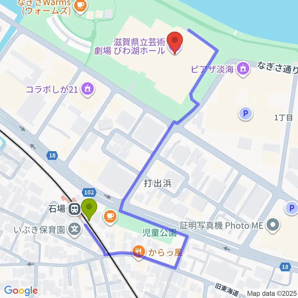 滋賀県立芸術劇場びわ湖ホールの最寄駅石場駅からの徒歩ルート（約5分）地図