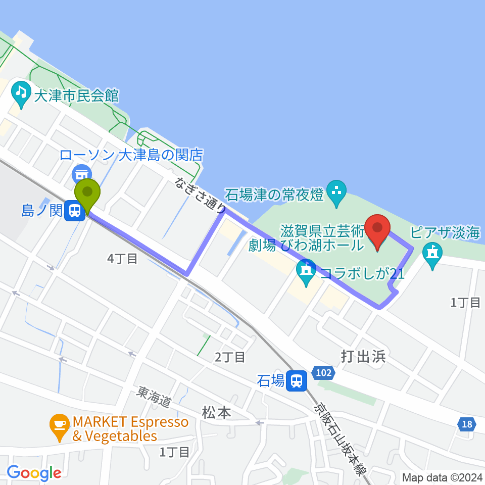 島ノ関駅から滋賀県立芸術劇場びわ湖ホールへのルートマップ地図