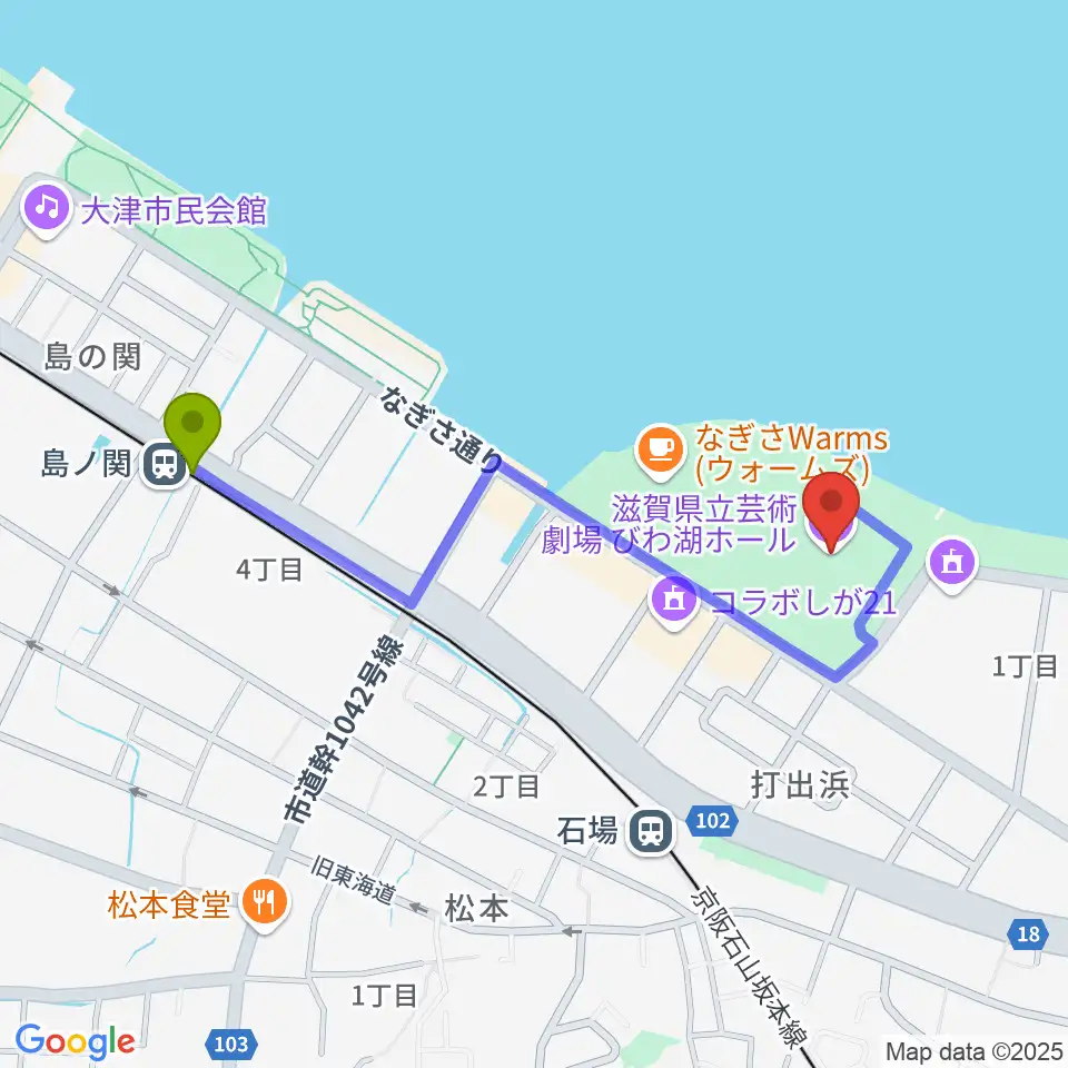 島ノ関駅から滋賀県立芸術劇場びわ湖ホールへのルートマップ地図