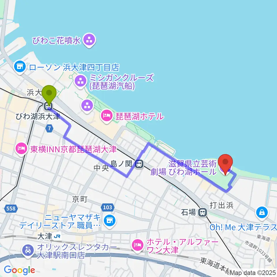 びわ湖浜大津駅から滋賀県立芸術劇場びわ湖ホールへのルートマップ地図