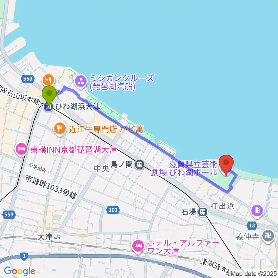 びわ湖浜大津駅から滋賀県立芸術劇場びわ湖ホールへのルートマップ地図