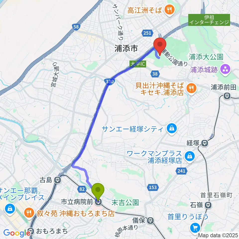市立病院前駅からアイム・ユニバース てだこホールへのルートマップ地図