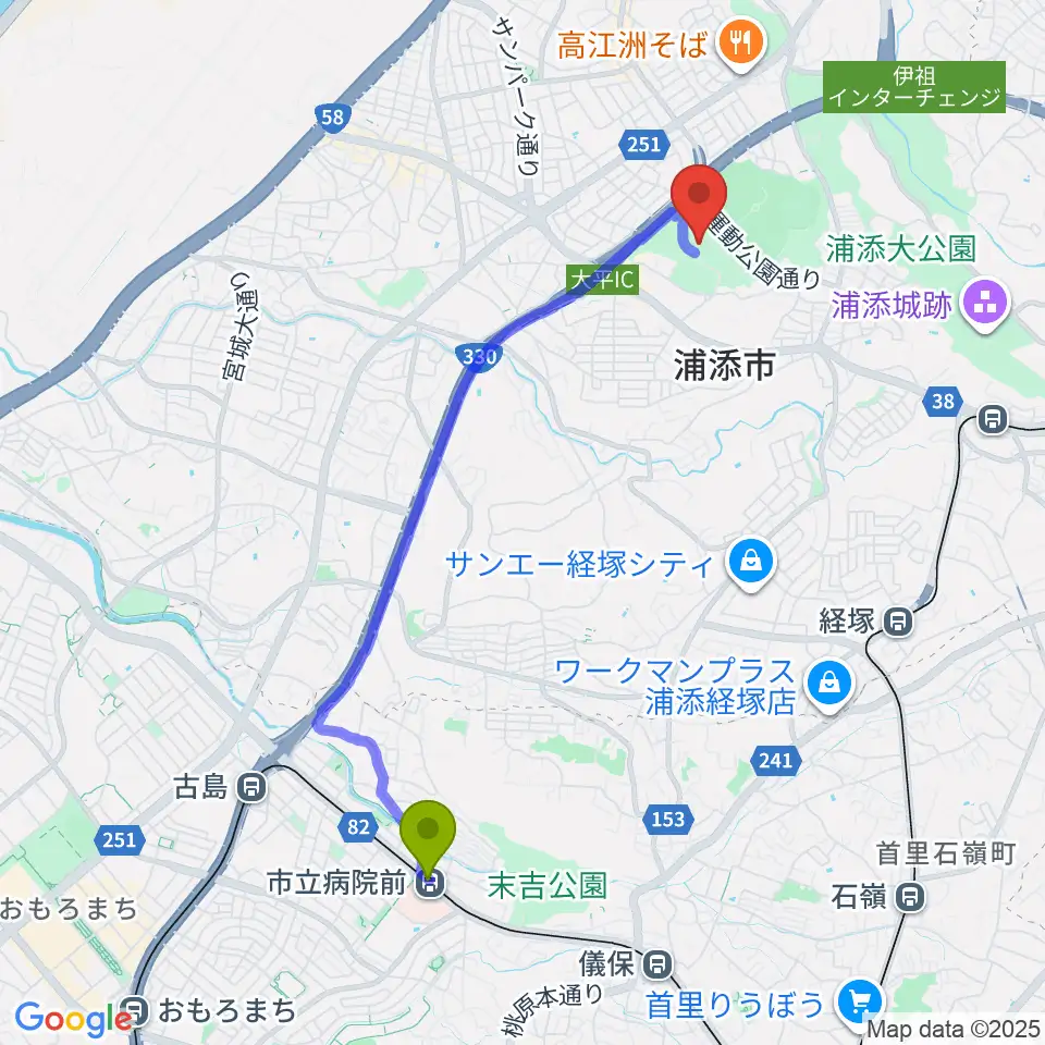 市立病院前駅からアイム・ユニバース てだこホールへのルートマップ地図